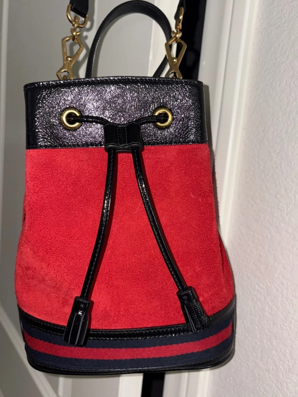 GUCCI Red Suede Black Patent Ophidia Bucket Bag Crossbody Like New! - Picture 12 of 16